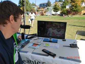 Jon Wright, Ercolini Hub Captain, arranged for the solar power display at his DRT stop so he could watch the Seahawks game as well as educate riders about solar energy. Thanks to West Seattle Natural Energy for the use of their solar trailer and their knowledge.