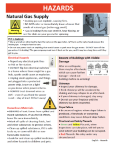 Information describing how to stay safe and avoid hazards after a disaster.