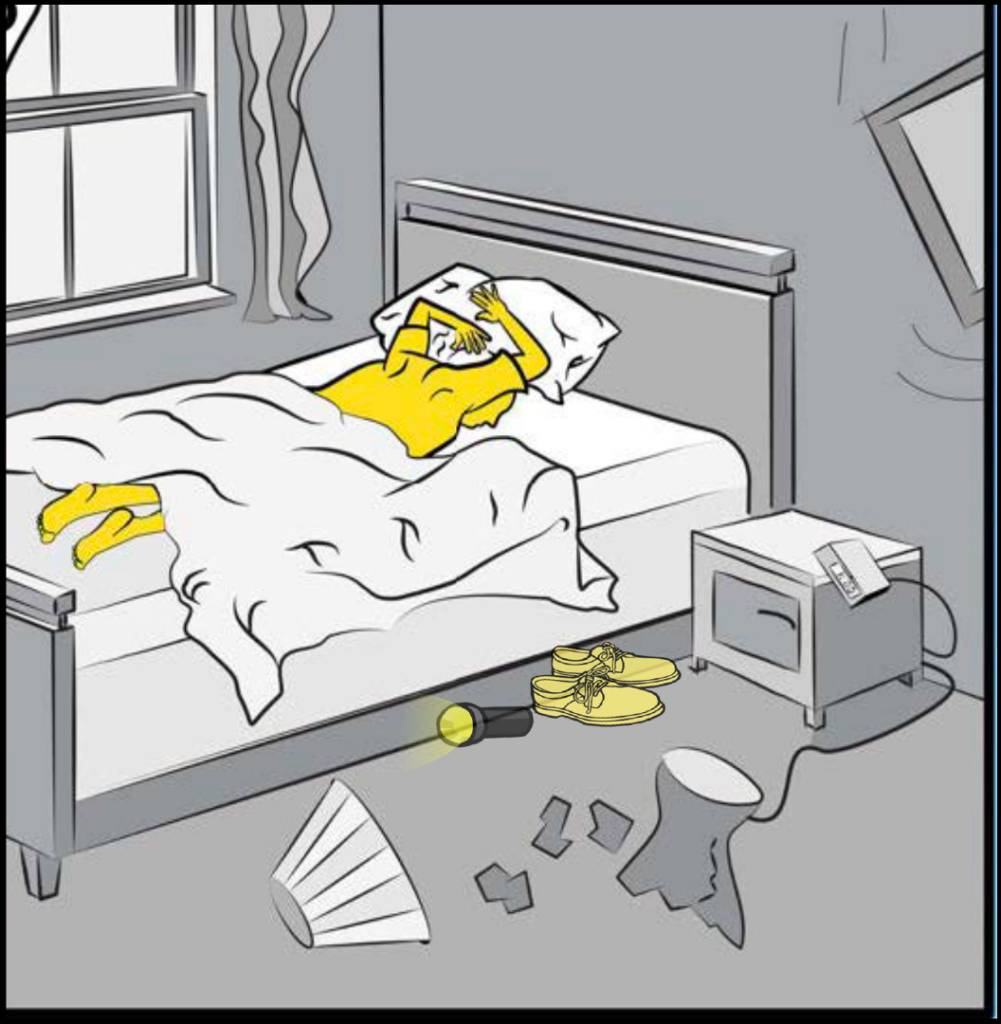 If shaking occurs while you're in bed, stay in bed.  Lie face down.  Cover your head and neck with your pillow and remain there until the shaking stops.  Keep sturdy shoes under your bed; protect your feet from broken objects on the ground around you. 