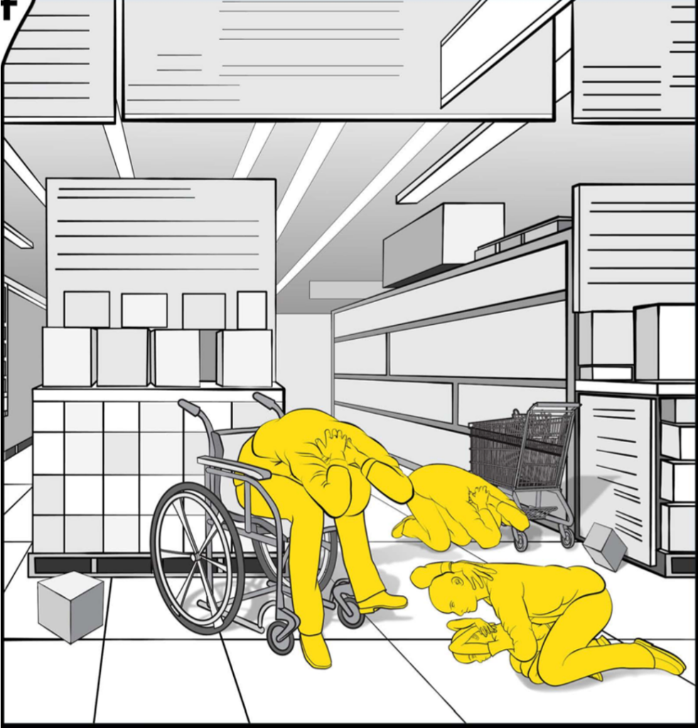 If you're shopping in a grocery store, crouching next to a shopping cart should provide some protection.  If you're in a wheelchair, lock the wheels and bend forward.  Items falling from the ceiling will hopefully hit the handlebars of your wheelchair before striking you.  The last image is of an adult protecting a young child by positioning them underneath them on the floor.  